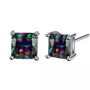 Mystic Topaz Cubic Zirconia 925 Sterling Princess Cut  Women Men Stud Earings